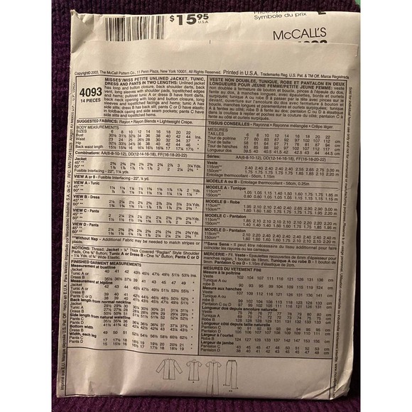 McCalls Sewing pattern4093 suit sewing pattern sz16 18 20 22 - Picture 3 of 6